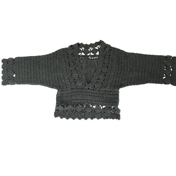 ANTHROPOLOGIE Women Gray Crochet Angora Sweater V-Neck Orenburg Knit Boho XS - Picture 3 of 10
